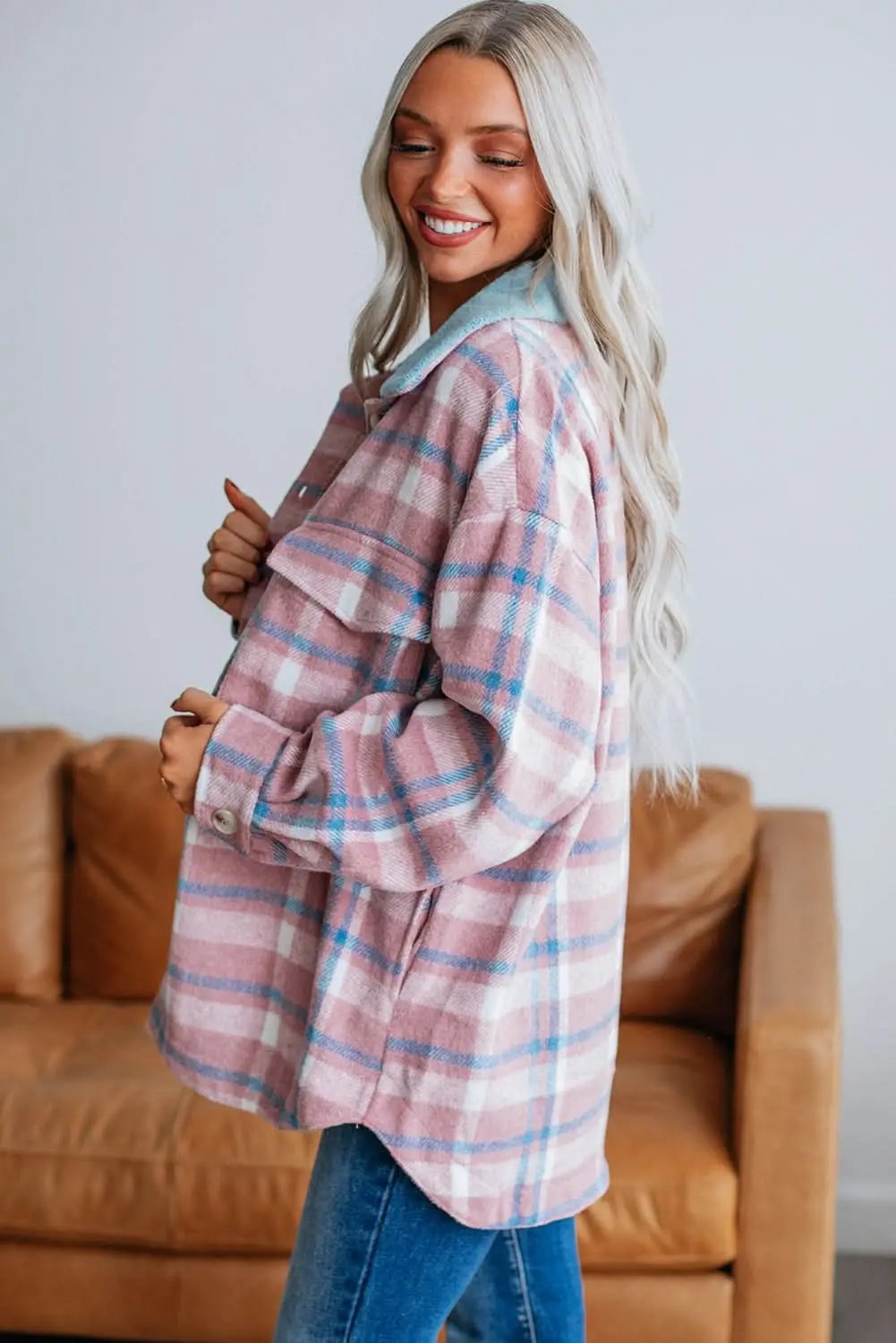 Pink plaid color block shacket - Love Salve